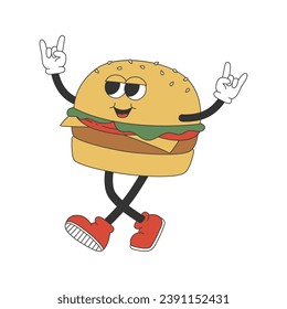 Groovy hippie burger. Cartoon character in trendy retro style. Isolated vector illustration