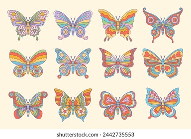 Groovy hippie butterfly insects in retro boho style. Isolated vector set of butterflies, flaunt vibrant hues reminiscent of the 60s or 70s, its wings adorned with psychedelic, colorful trippy patterns