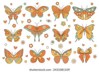 Groovy hippie butterfly, isolated retro insects. Isolated vector set embodying spirit of 1960s counterculture with psychedelic beauty, vibrant hues, intricate wing patterns and whimsical flights