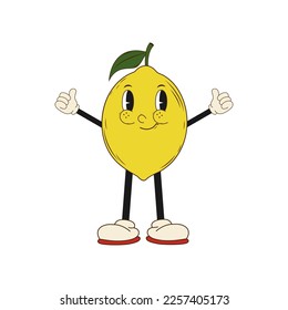 Groovy hippie cartoon lemon in trendy 60s, 70s style. Vector illustration