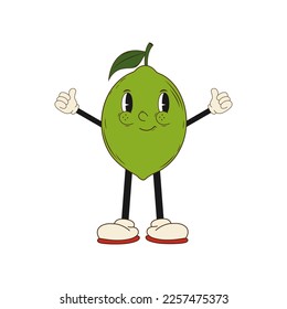 Groovy hippie cartoon lime in trendy 60s, 70s style. Vector illustration