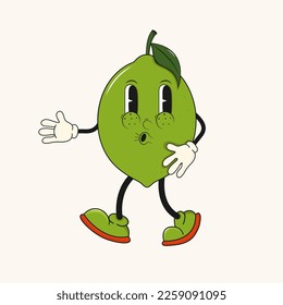 Groovy hippie cartoon lime in trendy 60s, 70s style. Vector illustration