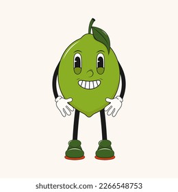 Groovy hippie cartoon lime in trendy 60s, 70s style. Vector illustration