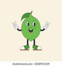 Groovy hippie cartoon lime in trendy 60s, 70s style. Vector illustration