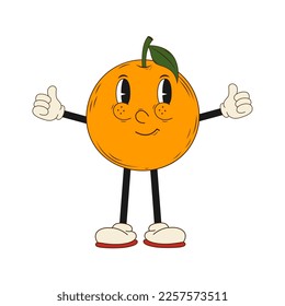 Groovy hippie cartoon orange in trendy 60s, 70s style. Vector illustration