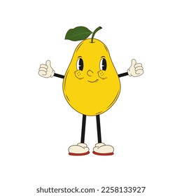 Groovy hippie cartoon pear in trendy 60s, 70s style. Vector illustration
