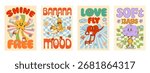 Groovy hippie characters posters, featuring cheerful cartoon retro star, banana, winged heart, and cloud y2k personages posing with playful expressions, celebrating positivity, fun, and fantasy moods