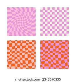 Groovy hippie checkerboard waves pattern set