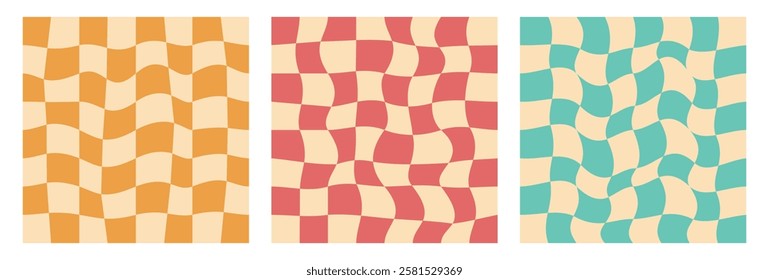 Groovy hippie checkered pattern set. Vintage psychedelic background in 70s style. Vector illustration for home retro decor, poster, print, background, cover