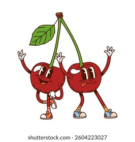 Groovy hippie cherry berry twins cartoon characters. Isolated vector couple of fresh and ripe summer retro berry personages connected by stem. Comic nostalgic juicy fruits with vintage nostalgic vibe