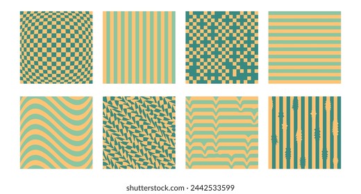 Groovy hippie chessboard pattern set. Retro 60s 70s psychedelic design. Gingham vintage vector wallpaper collection for print templates.