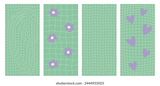 Groovy hippie chessboard pattern set in green pastel colors with purple flowers and hearts. Retro 60s 70s psychedelic geometric backgrounds. Vector.