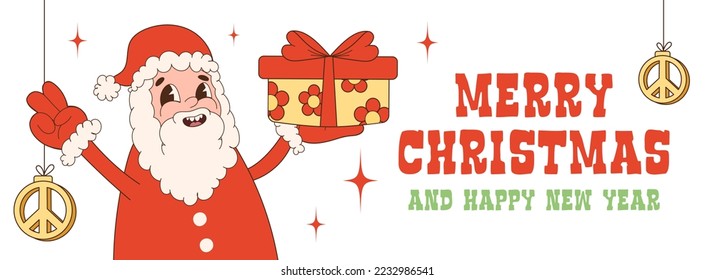 Groovy hippie Christmas. Banner, greeting card, poster, print, party invitation, background. Merry Christmas and happy new year.