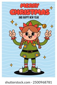 Groovy hippie Christmas cards. Retro Santa, smile, elf,  in trendy retro cartoon style. Comic 70s holiday cards. Cartoon funny characters and elements. Vector illustration