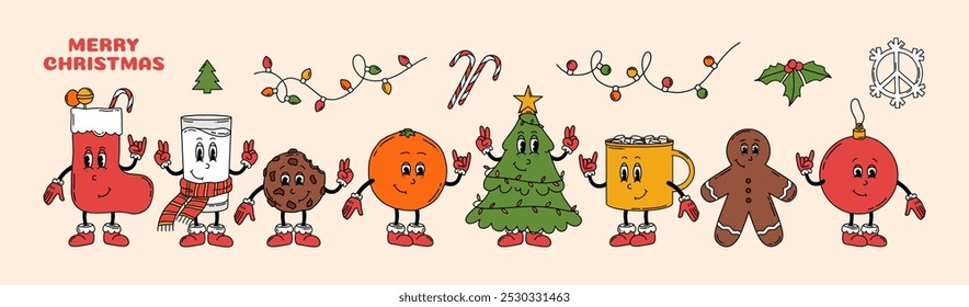 Groovy hippie Christmas characters. Christmas Tree, ball and Stocking, orange, mug of cocoa, glass of Milk, chocolate chip Cookie, Gingerbread man in trendy retro style. Hand drawn vector big set