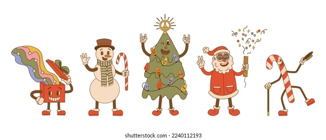 Groovy hippie christmas characters in trendy cartoon style.