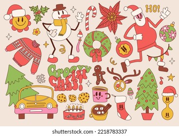 Groovy hippie elementos de Navidad y personajes establecidos. Santa Claus, árbol de Navidad, regalos, pan de jengibre, señal de paz, muñeco de nieve al estilo retro de dibujos de moda de los años 60. Ilustración de contorno dibujada a mano por vectores.