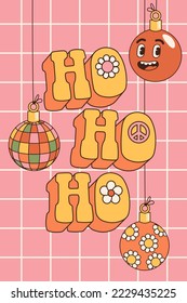 Groovy hippie Christmas. Ho ho ho in trendy retro cartoon style. Merry Christmas and Happy New year greeting card, poster, print, party invitation, background.