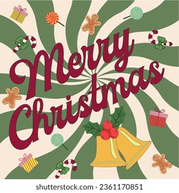 Groovy hippie Christmas. Merry Christmas lettering. Happy New year greeting card, poster, template, print, party invitation, background.