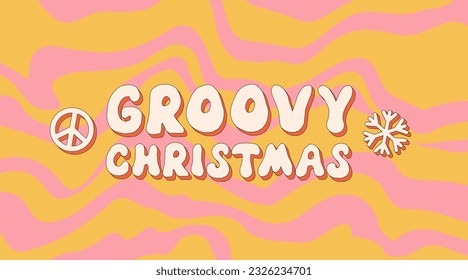 Groovy hippie Christmas. peace, rainbow in trendy retro cartoon style. Merry Christmas and Happy New year greeting card, poster, print, party invitation, background.