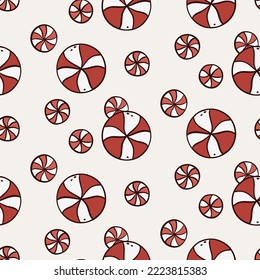 Groovy hippie Christmas peppermint candies. Vector seamless pattern. Cartoon style