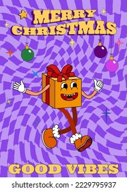 Groovy hippie Christmas poster. Gift box in trendy retro cartoon style