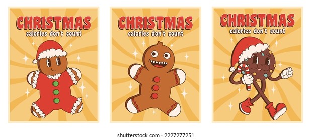 Groovy hippie Christmas. Poster set Christmas calories dont count greeting card, poster, print, party invitation, background. Merry Christmas and happy new year.