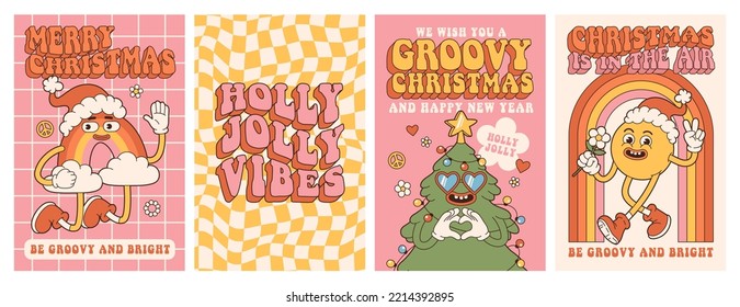 Groovy Navidad hippie. Arcoiris, árbol de Navidad, sonrisa, alegres vibraciones en el moderno estilo de dibujos animados retro. Feliz año nuevo, tarjeta de saludo, afiche, plantilla, impresión, invitación de fiesta, fondo.