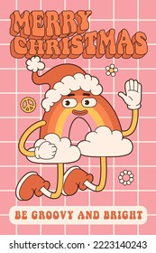 Groovy hippie Christmas. Rainbow in trendy retro cartoon style. Happy New year greeting card, poster, template, print, party invitation, background.