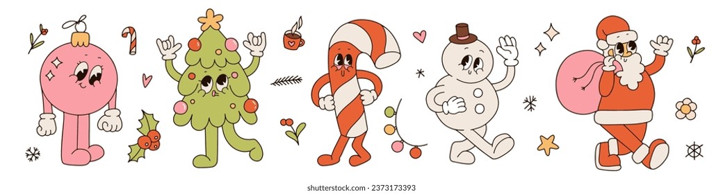 Groovy hippie Christmas retro cartoon characters set. Ball, Santa Claus, Christmas tree, candy cane, snowman in trendy 70s vintage style. Toon mascots and elements. Contour vector illustration.