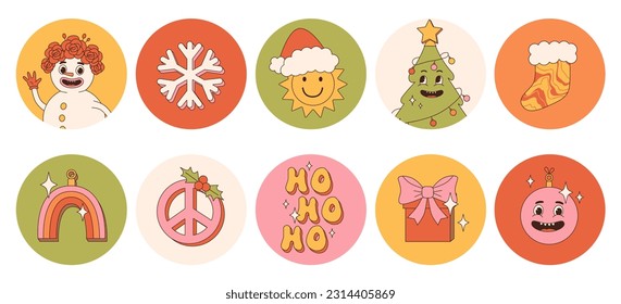 Groovy hippie Christmas round stickers. Santa Claus, Christmas tree, gifts, rainbow, peace, ho ho ho, winter, gingerbread in trendy retro cartoon style. Cartoon characters and elements.