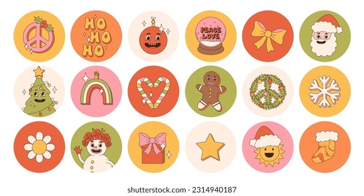 Pegatinas de la ronda navideña hippie. Santa Claus, árbol de Navidad, regalos, arcoiris, paz, ho ho ho, invierno, pan de jengibre al estilo retro de moda. Caracteres y elementos de dibujos animados.