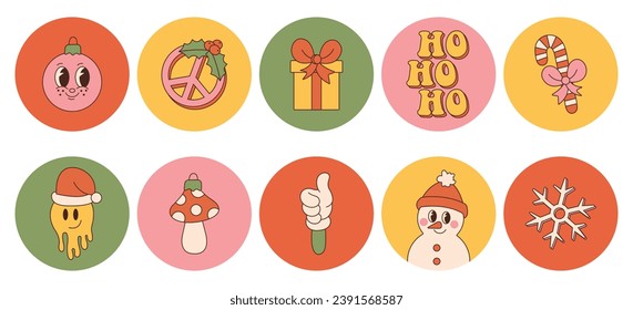 Groovy hippie Christmas round stickers. Snowman, gifts, peace, ho ho ho, winter, snowflake, gingerbread in trendy retro cartoon style. Cartoon characters and elements