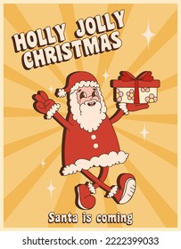 Groovy hippie Christmas. Santa Claus in trendy retro cartoon style. Santa is coming greeting card, poster, print, party invitation, background.