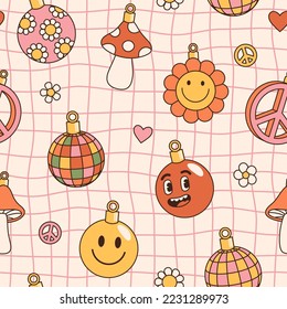 Groovy hippie Christmas seamless pattern. Smile, peace, wave, disco ball, mushroom in trendy retro cartoon style. Merry Christmas and Happy New year backgrounds, textile, wrapping paper, wallpaper.