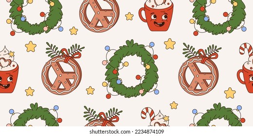 
Groovy hippie christmas seamless pattern with retro cartoon characters and elements. Trendy 70s style. Merry Christmas and happy new year. Vintage background.