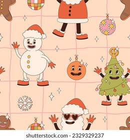 Groovy hippie Christmas seamless pattern. Smile, peace, wave, disco ball, mushroom in trendy retro cartoon style. Merry Christmas and Happy New year backgrounds, textile, wrapping paper, wallpaper.