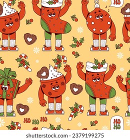 Groovy Hippie Christmas seamless pattern. Retro cartoon comic characters gift, stocking, ball and cup cocoa on yellow background. Xmas and Happy New year background. vector illustration