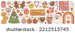 Groovy hippie Christmas stickers. Santa Claus, Christmas tree, gifts, rainbow, peace, holly jolly vibes, ho ho ho, coffee, gingerbread in trendy retro cartoon style. Cartoon characters and elements.