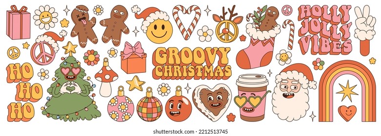 Groovy hippie Christmas stickers. Santa Claus, Christmas tree, gifts, rainbow, peace, holly jolly vibes, ho ho ho, coffee, gingerbread in trendy retro cartoon style. Cartoon characters and elements. - Shutterstock ID 2212513745