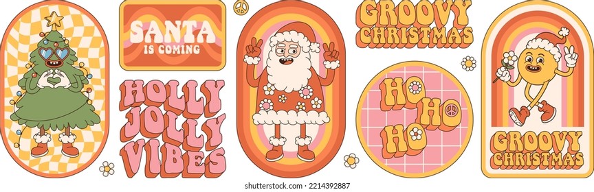 Pegatinas de Navidad rotundas hippie. Santa Claus, árbol de Navidad, sonrisa, arcoiris, alegre estilo de dibujos animados retro de moda. Feliz año nuevo, tarjeta de saludo, afiche, impresión, invitación para fiestas, fondo.