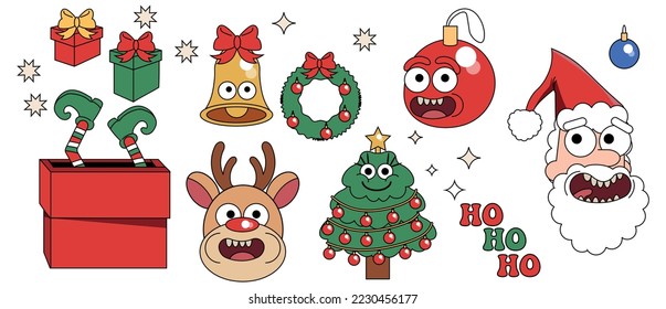 Groovy hippie Christmas stickers. Santa Claus, Christmas tree, gifts in trendy retro cartoon style. Cartoon characters and elements.
