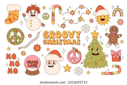 Pegatinas de Navidad rotundas hippie. Santa Claus, árbol de Navidad, regalos, arcoiris, paz, vibraciones holly jolly, ho ho ho, invierno, pan de jengibre en el moderno estilo retro de caricatura. Caracteres y elementos de dibujos animados.