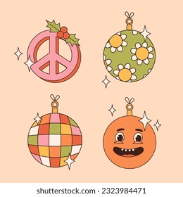 Groovy hippie Christmas stickers. Santa Claus, tree, smile, peace, rainbow in trendy retro cartoon style. Merry Christmas and Happy New year greeting card, poster, print, party invitation, background.