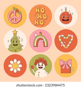 Groovy hippie Christmas stickers. Santa Claus, tree, smile, peace, rainbow in trendy retro cartoon style. Merry Christmas and Happy New year greeting card, poster, print, party invitation, background.