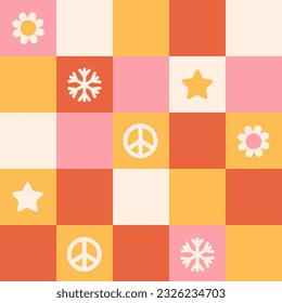 Groovy hippie Christmas stickers. Santa Claus, tree, smile, peace, rainbow in trendy retro cartoon style. Merry Christmas and Happy New year greeting card, poster, print, party invitation, background.