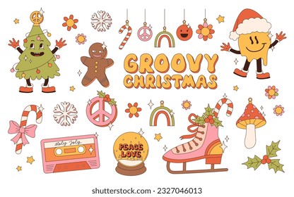 Groovy hippie Christmas stickers. Santa Claus, Christmas tree, gifts, rainbow, peace, holly jolly vibes, ho ho ho, winter, gingerbread in trendy retro cartoon style. Cartoon characters and elements.