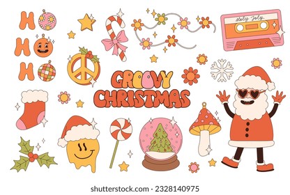 Groovy hippie Christmas stickers. Santa Claus, Christmas tree, gifts, rainbow, peace, holly jolly vibes, ho ho ho, winter, gingerbread in trendy retro cartoon style. Cartoon characters and elements.