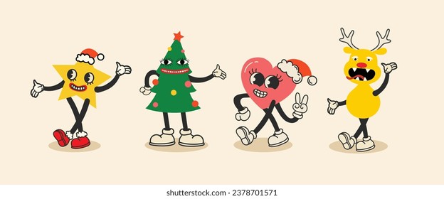 Pegatinas de Navidad rotundas hippie. Santa Claus, árbol de Navidad, ciervo y corazón, groovía y luminoso, en un moderno estilo de dibujos animados retro. Feliz Navidad y Feliz Año Nuevo.