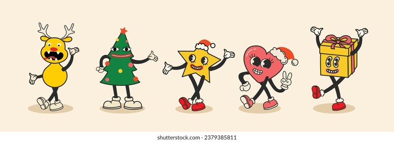 Groovy hippie Christmas stickers. Santa Claus, Christmas tree, deer and heart ,groovy and bright, in trendy retro cartoon style. Merry Christmas and Happy New year.